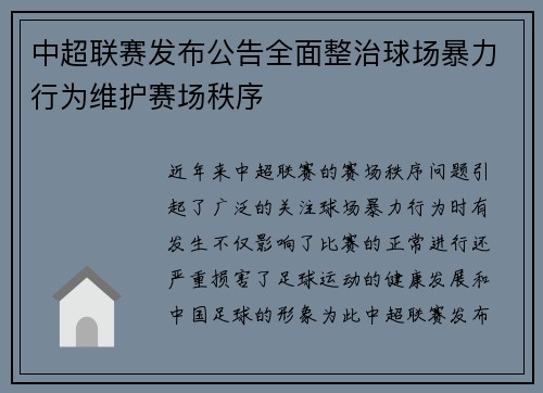 中超联赛发布公告全面整治球场暴力行为维护赛场秩序