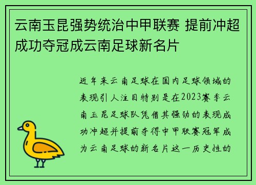 云南玉昆强势统治中甲联赛 提前冲超成功夺冠成云南足球新名片